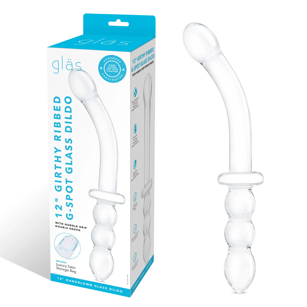 Glas 12" Girthy Ribbed G-Spot Glass Dildo With Handle Grip Double Ended | 4890808282991 | Discreet Personal Wellness