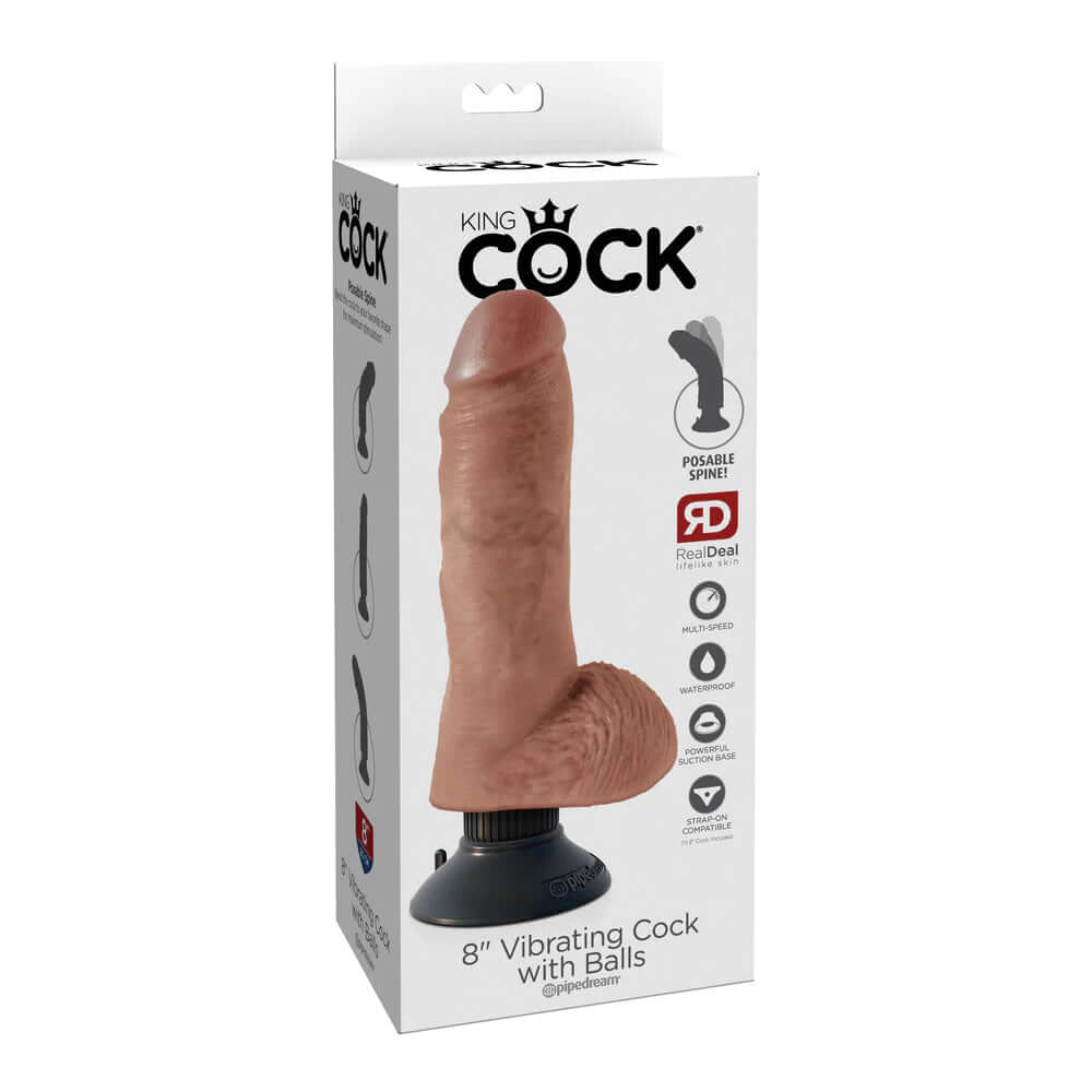King Penis 8" Vibrating Penis With Balls Tan | 603912753301 | Discreet Personal Wellness