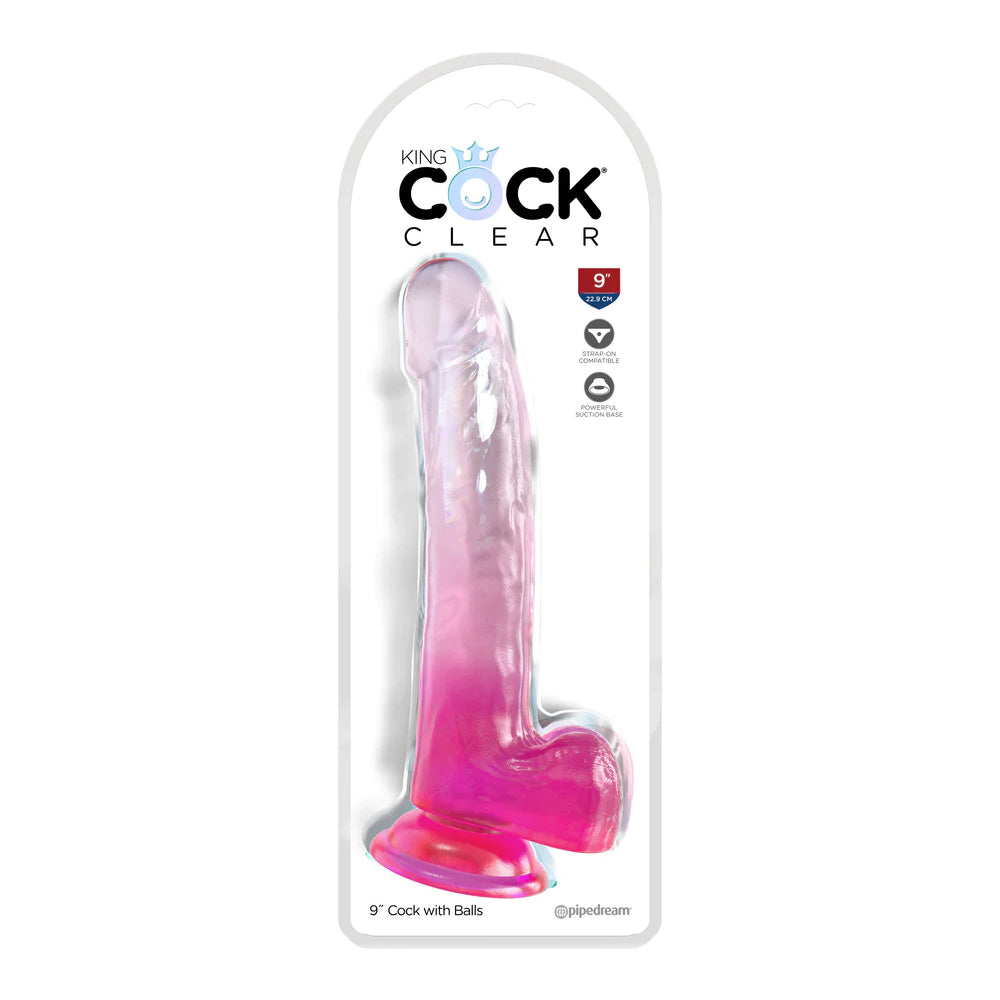 King Penis Clear 9" With Balls Pink | 603912775051 | Discreet Personal Wellness