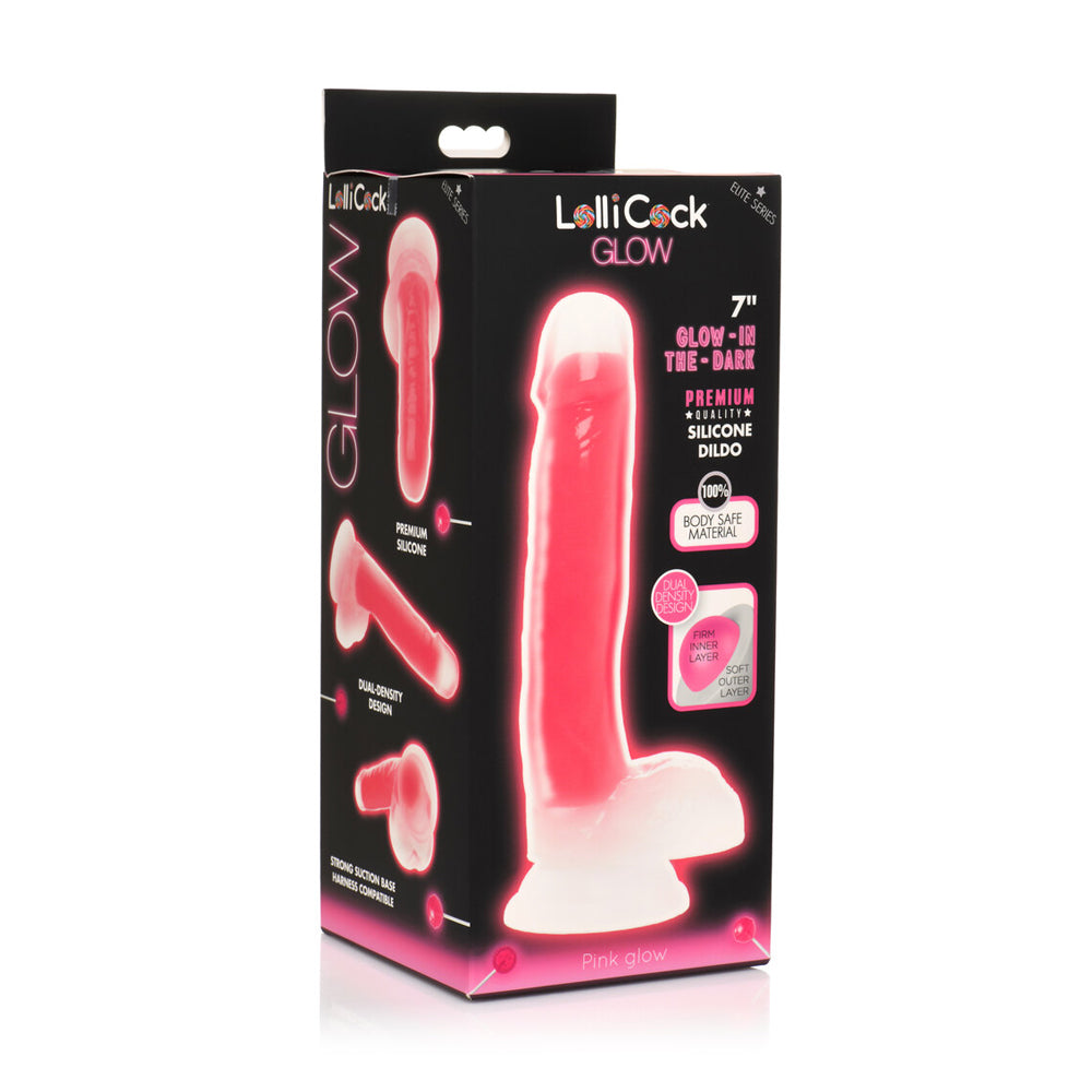 LolliPenis 7'' Glow-In-The-Dark Silicone Dildo W/ Balls Pink | 653078943511 | Discreet Personal Wellness