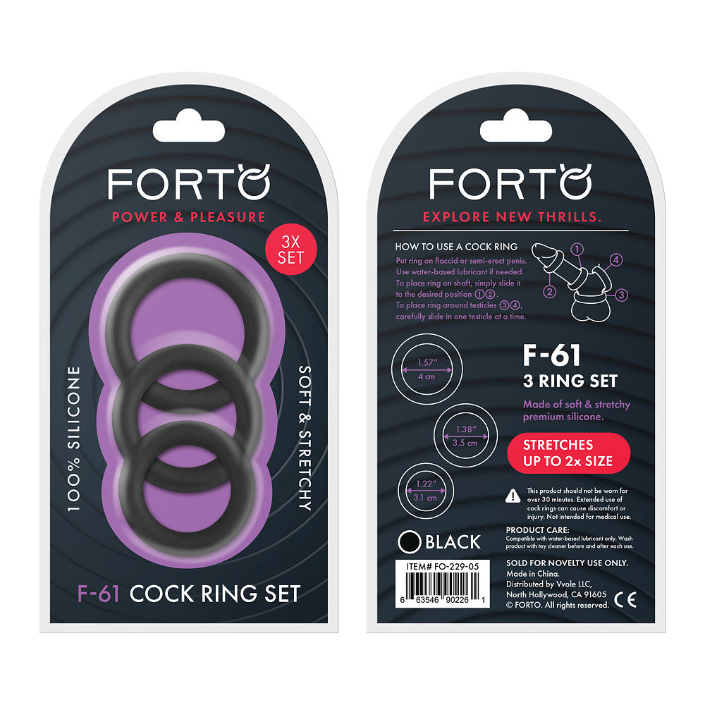 F-61: 3 Piece C-Ring Set 100% Silicone O/S Black | 663546902261 | Discreet Personal Wellness