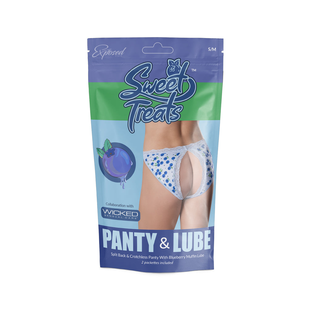 Sweet Treats Split Back & Crotchless Panty W/ Lube Blueberry L/X | 671241123683 | Discreet Personal Wellness
