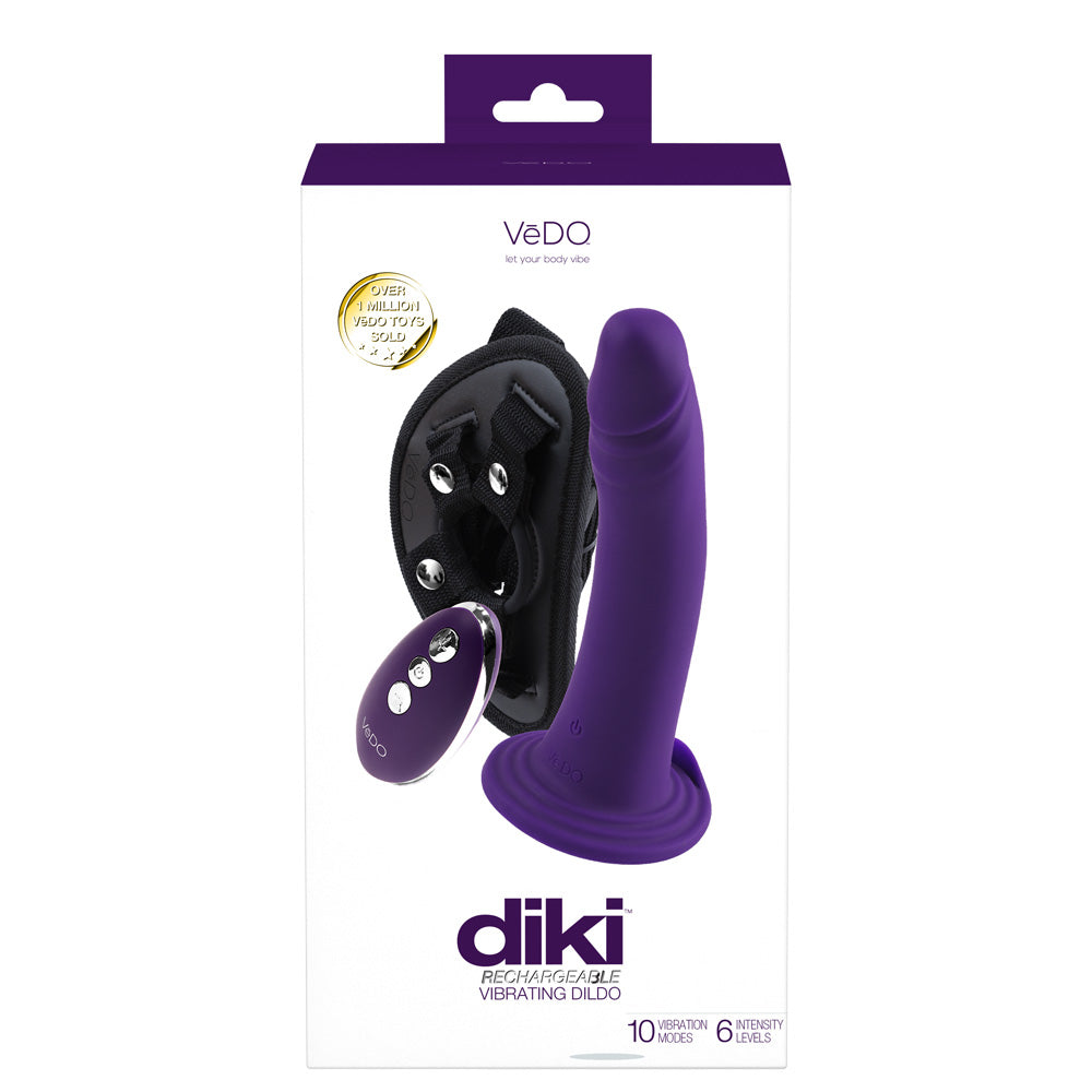 Diki Rechargeable Vibrating Dildo With Harness Deep Purple | 716053727954 | Discreet Personal Wellness