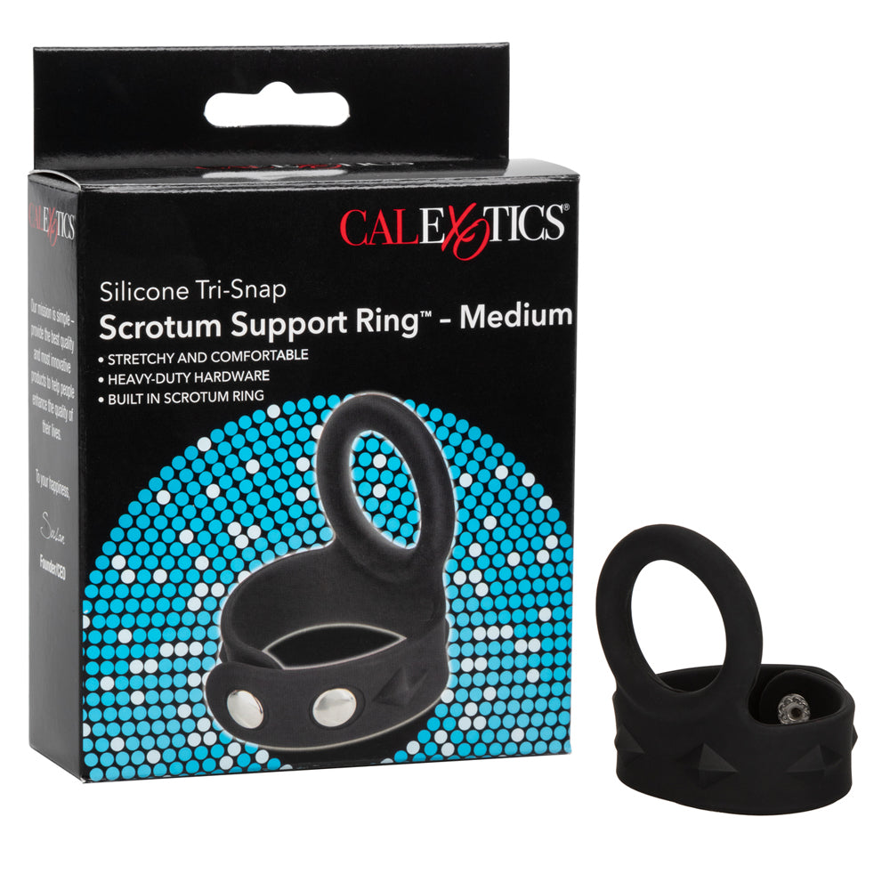 Silicone Tri-Snap Scrotum Support Ring Medium Black | 716770087409 | Discreet Personal Wellness
