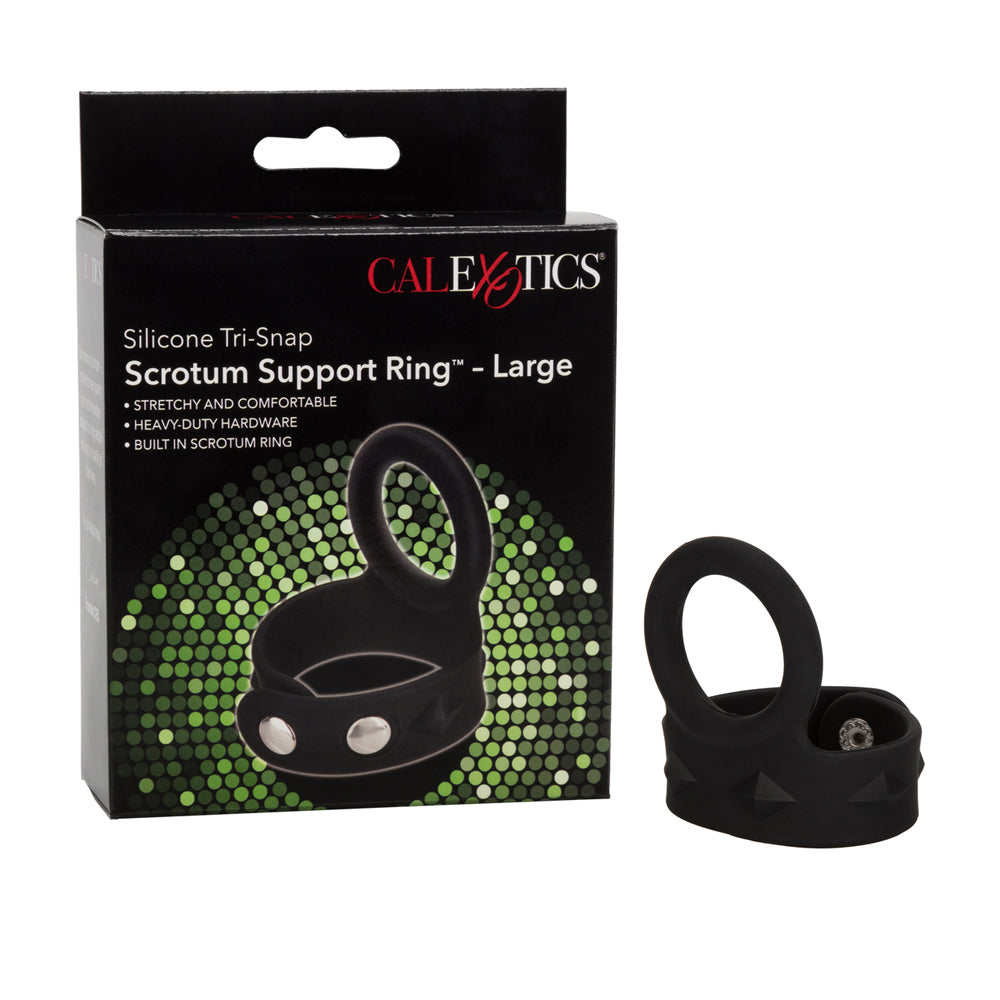 Silicone Tri-Snap Scrotum Support Ring Large Black | 716770087416 | Discreet Personal Wellness