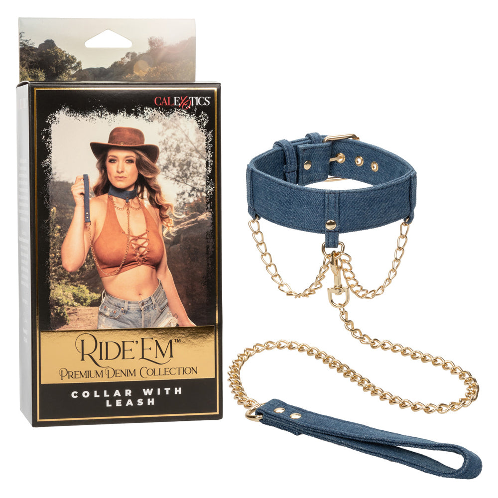 Ride 'Em Premium Denim Collection Collar With Leash | 716770105523 | Discreet Personal Wellness