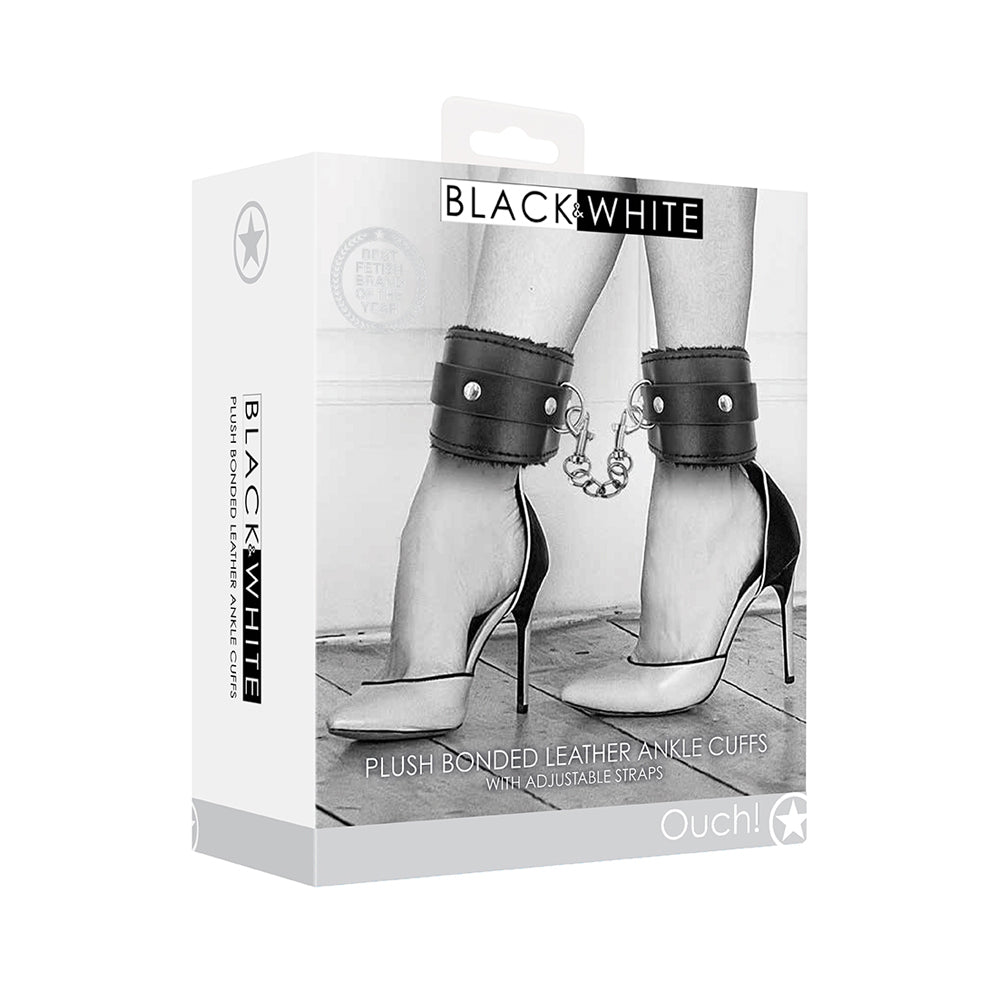 Ouch! Black & White Plush Bonded Leather Ankle Cuffs With Adjustable Straps | 7423522574546 | Discreet Personal Wellness