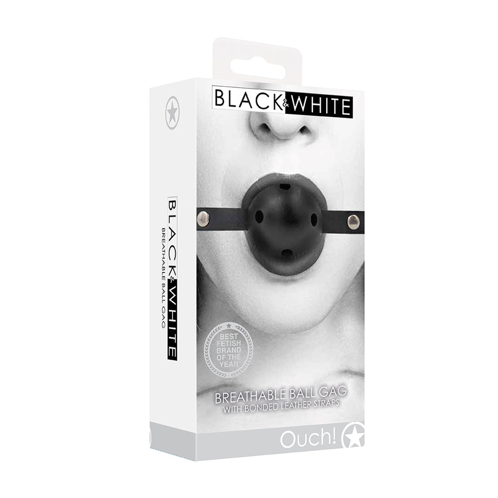 Ouch! Black & White Breathable Ball Gag With Bonded Leather Straps | 7423522575536 | Discreet Personal Wellness