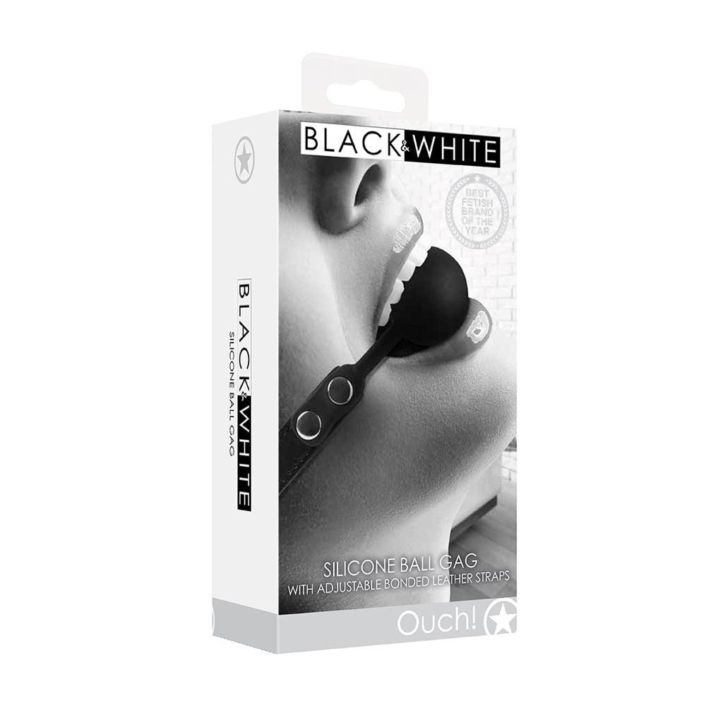 Ouch! Black & White Silicone Ball Gag With Adjustable Bonded Leather Straps | 7423522575567 | Discreet Personal Wellness