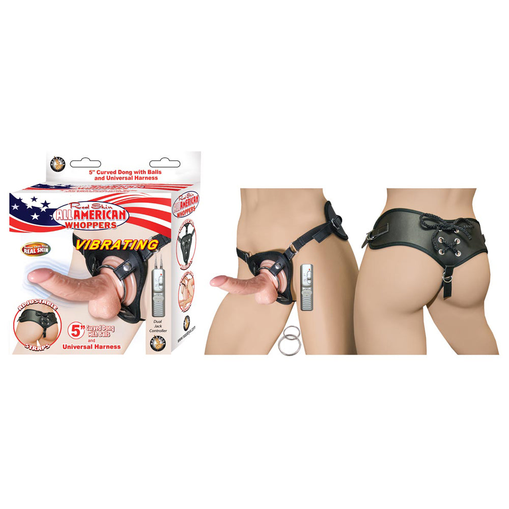 All American Whoppers Vibrating 5" Curved Penis W/Balls & Universal Harness White | 782631280319 | Discreet Personal Wellness