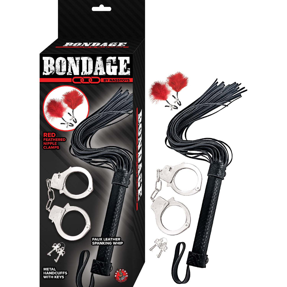 Bondage By Nasstoys Whip, Feather & Cuffs Red | 782631318715 | Discreet Personal Wellness