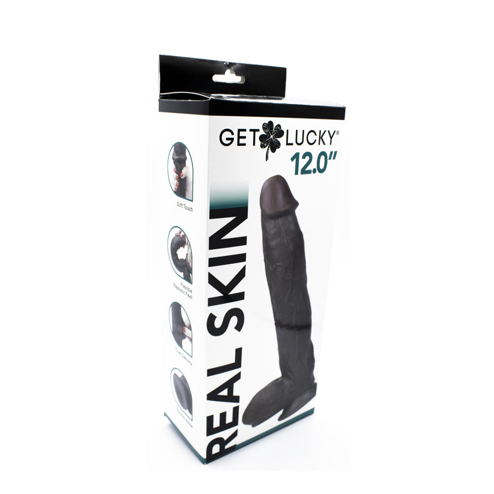 Get Lucky Real Skin 12" Dual Layer Dildo Dark Brown | 812024033250 | Discreet Personal Wellness