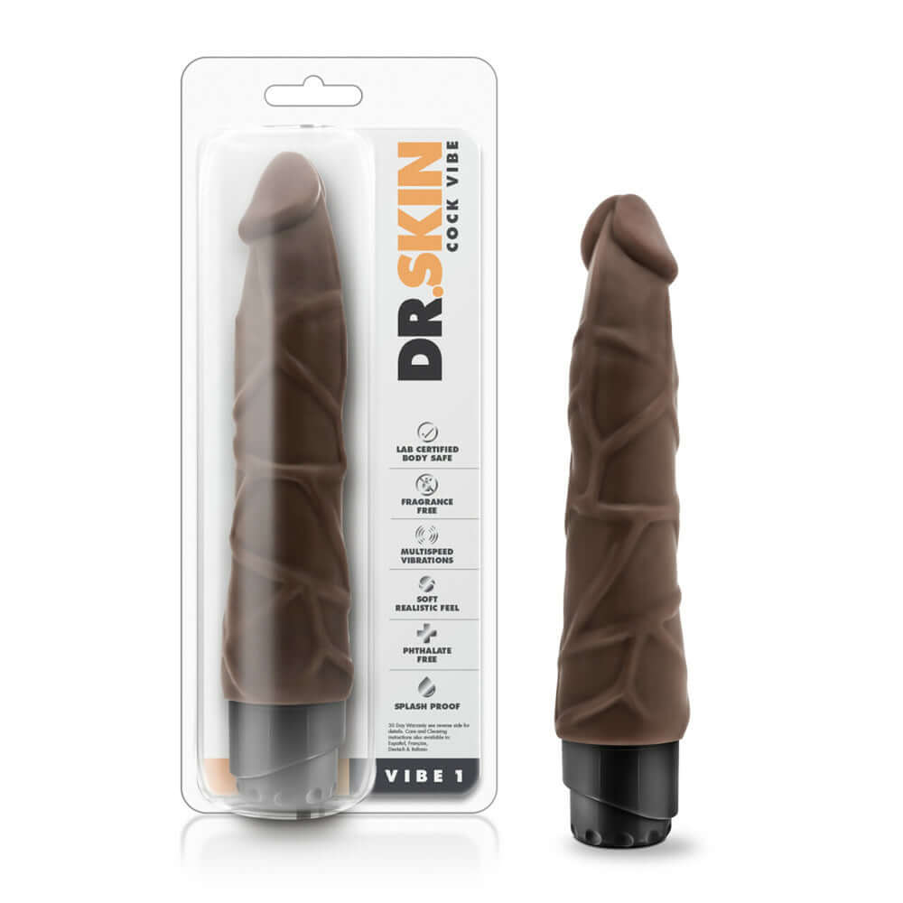 Dr. Skin Penis Vibe 1 9" Vibrating Penis Chocolate | 819835022268 | Discreet Personal Wellness
