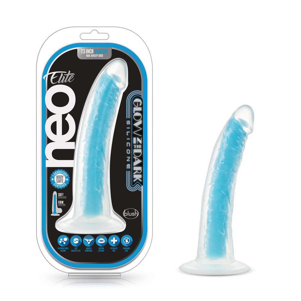 Neo Elite Glow In The Dark 7.5" Silicone Dual Density Penis With Suction Cup Neon Blue | 819835026020 | Discreet Personal Wellness