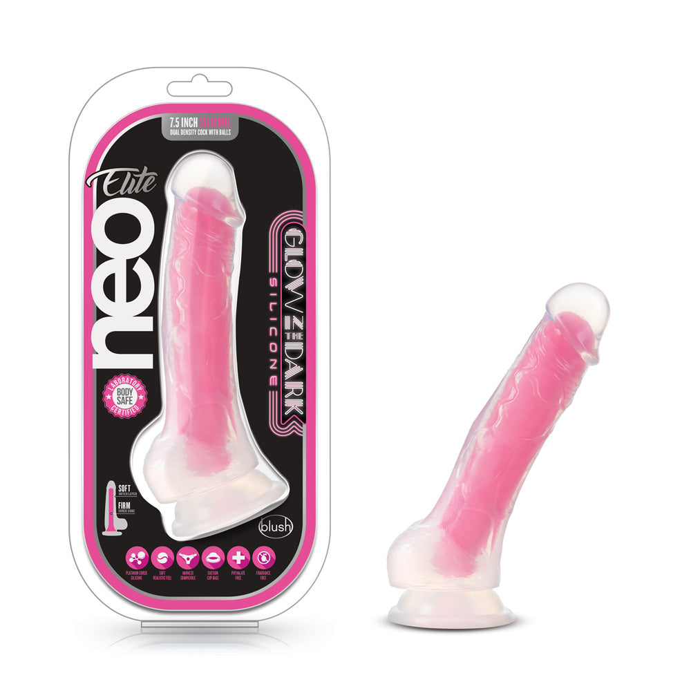 Neo Elite Glow In The Dark 7.5" Silicone Dual Density Penis With Balls Neon Pink | 819835026051 | Discreet Personal Wellness