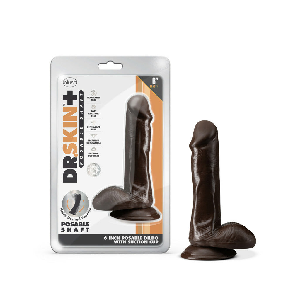 Dr. Skin Plus 6" Posable Dildo With Balls Chocolate | 819835027683 | Discreet Personal Wellness