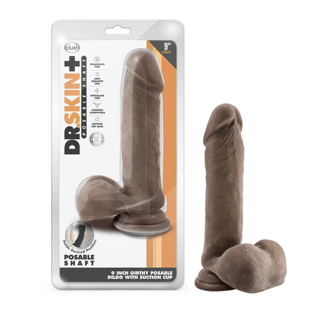 Dr. Skin Plus 9" Thick Posable Dildo With Balls Chocolate | 819835028239 | Discreet Personal Wellness
