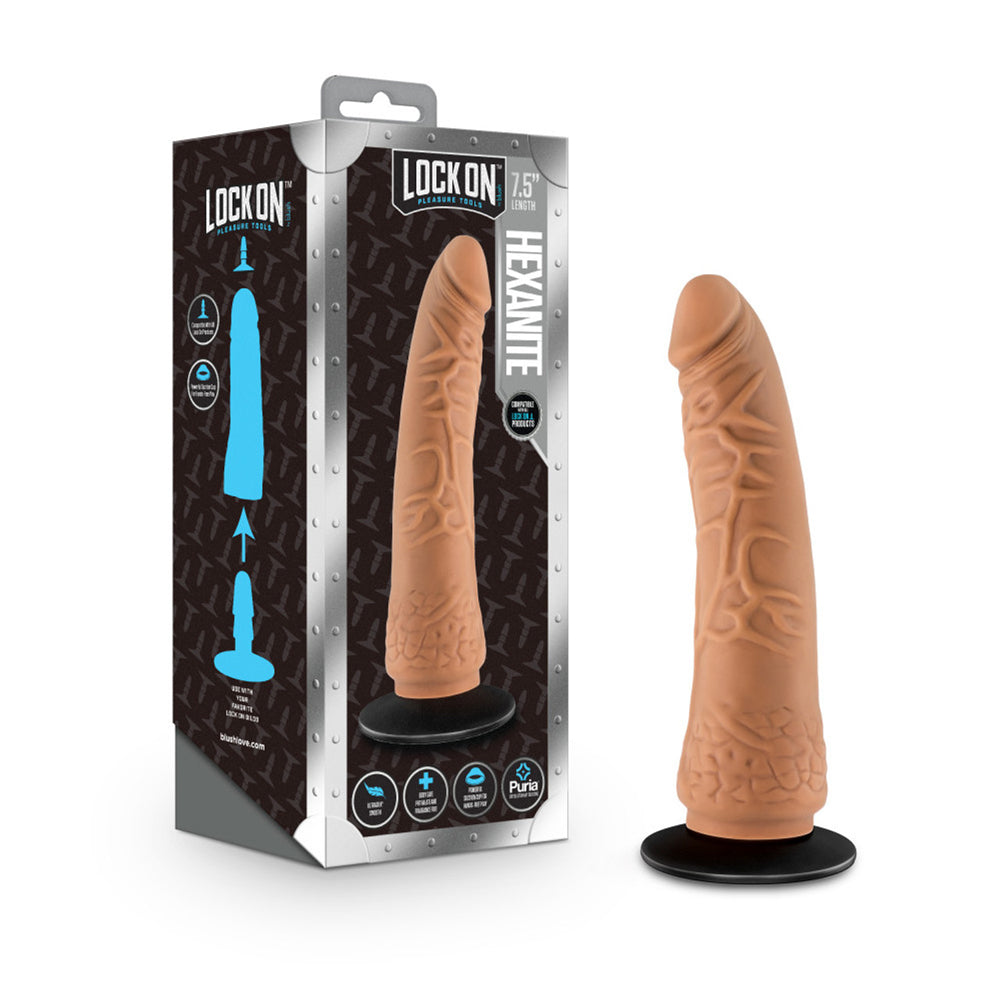 Lock On Hexanite 7.5'' Dildo With Suction Cup Adapter Mocha | 819835028796 | Discreet Personal Wellness