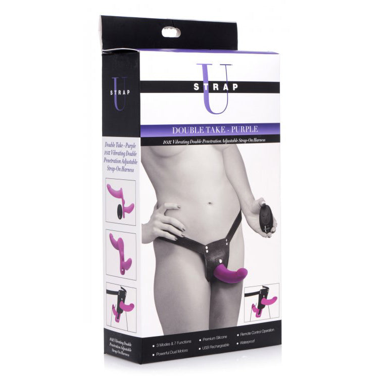 Strap U Double Take Purple 10X Vibrating Double Penetration Strap-On Harness | 848518031488 | Discreet Personal Wellness