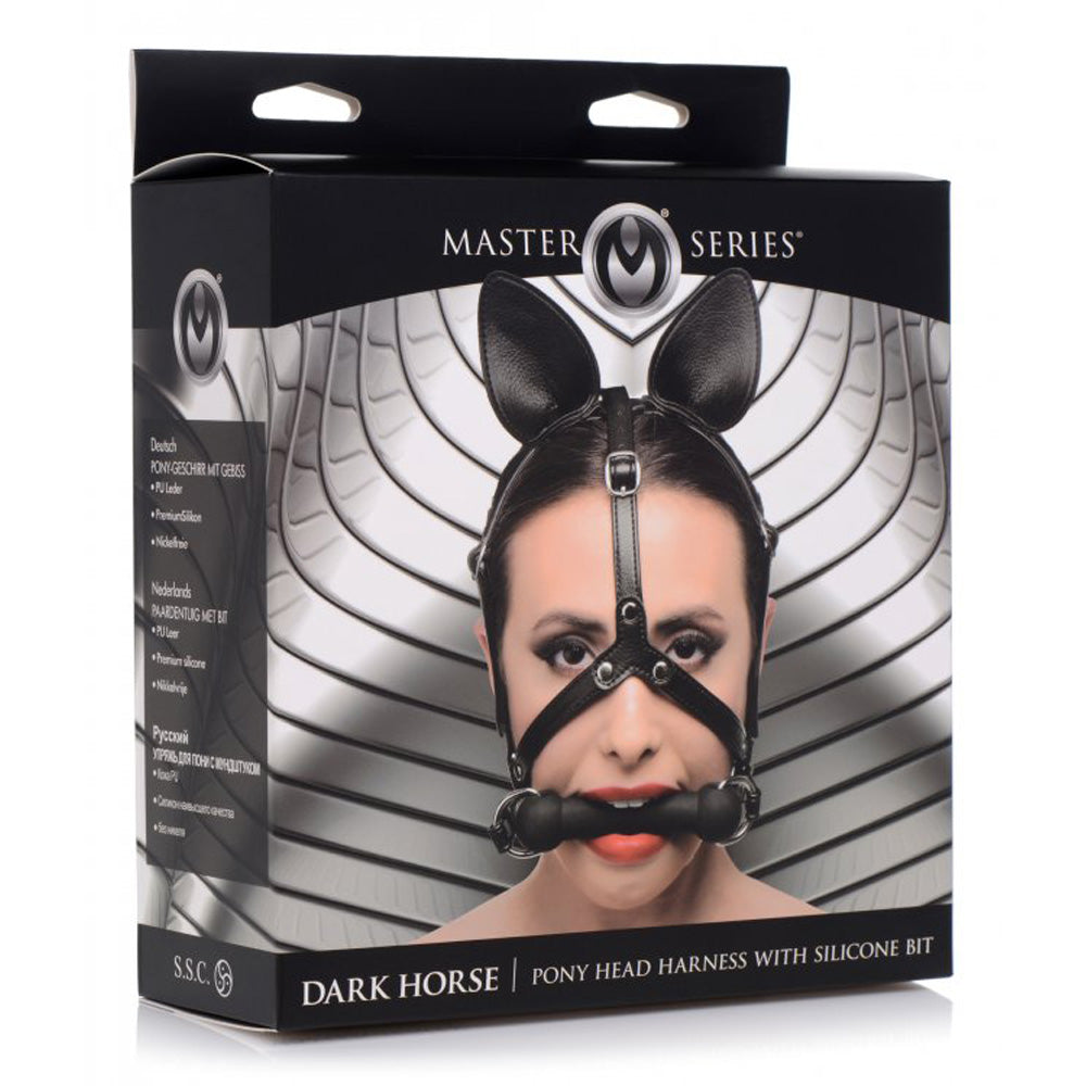 Master Series Dark Horse Pony Head Harness With Silicone Bit | 848518033918 | Discreet Personal Wellness