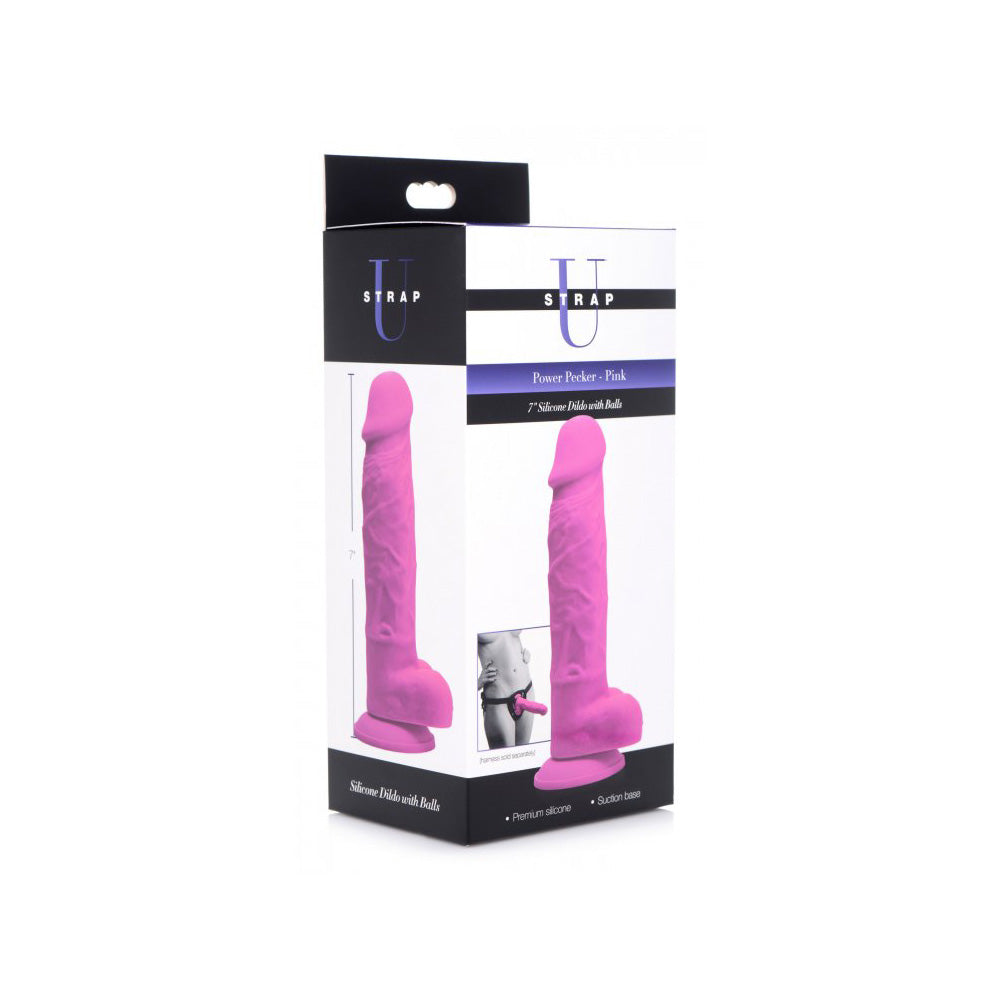 Strap U Power Pecker 7" Silicone Dildo With Balls Pink | 848518036551 | Discreet Personal Wellness