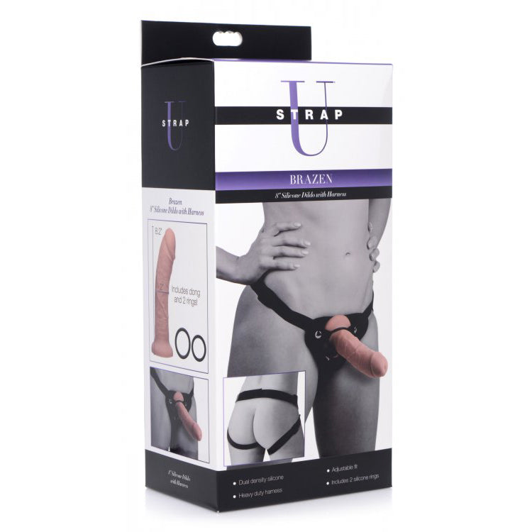 Strap U Brazen 8'' Silicone Dildo With Harness | 848518037299 | Discreet Personal Wellness