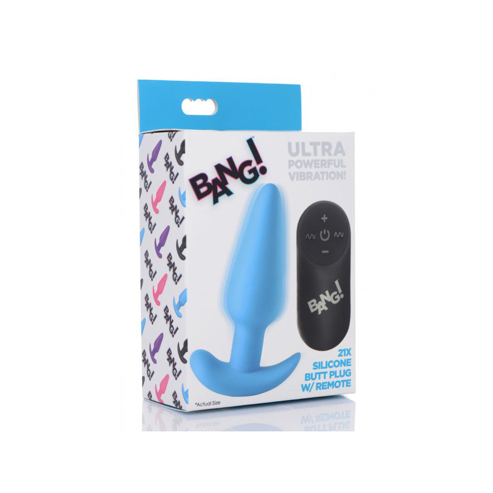 Bang! 21X Vibrating Silicone Butt Plug W/ Remote Control Blue | 848518039699 | Discreet Personal Wellness