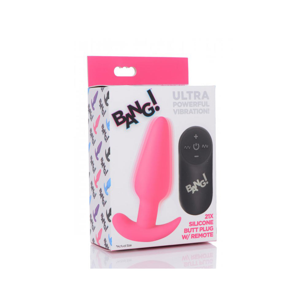 Bang! 21X Vibrating Silicone Butt Plug W/ Remote Control Pink | 848518039705 | Discreet Personal Wellness
