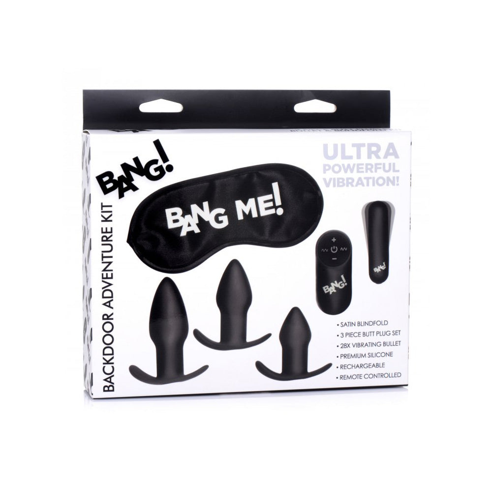 Bang! Backdoor Adventure 3Pc Butt Plug Set, Bullet, & Blindfold Kit Black | 848518039934 | Discreet Personal Wellness
