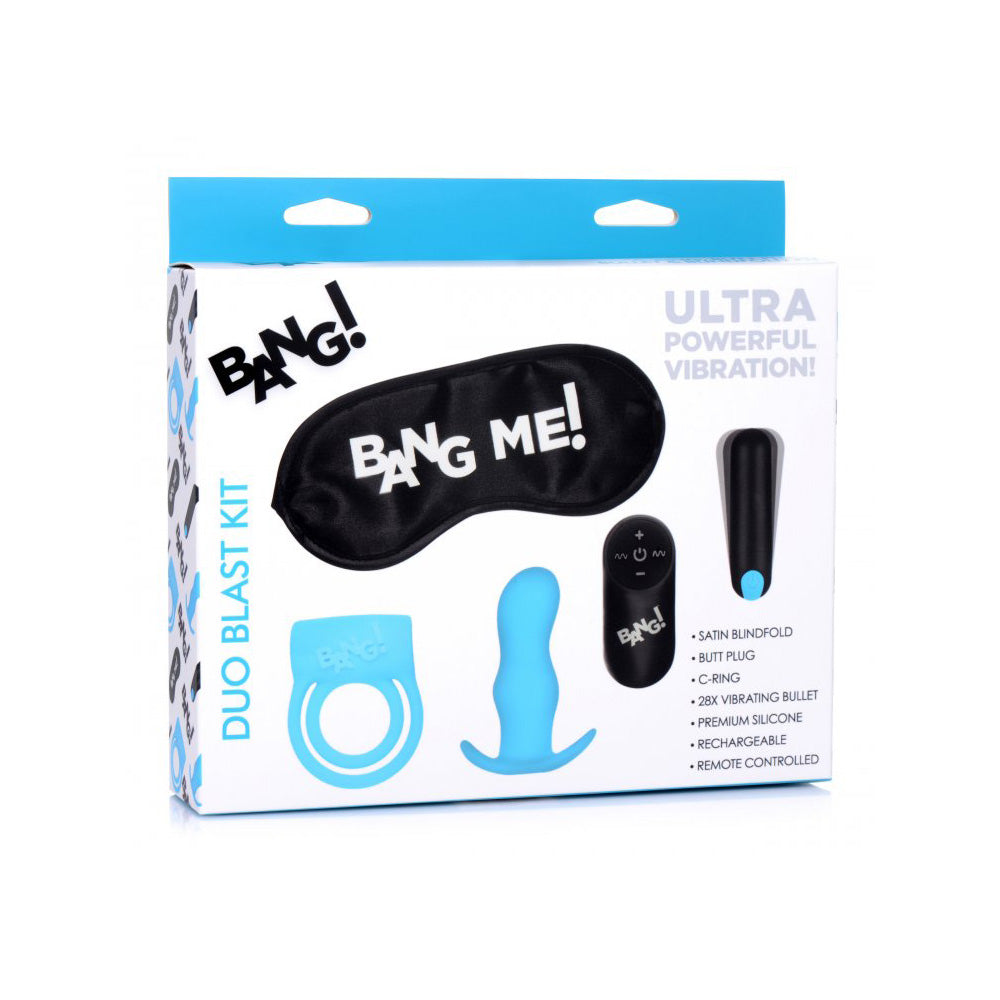 Bang! Duo Blast C-Ring, Butt Plug, Bullet, & Blindfold Kit Blue | 848518039941 | Discreet Personal Wellness