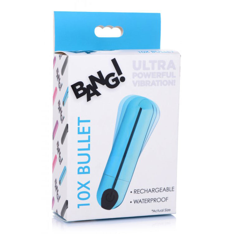 Bang! 10X Rechargeable Vibrating Metallic Bullet Blue | 848518042521 | Discreet Personal Wellness