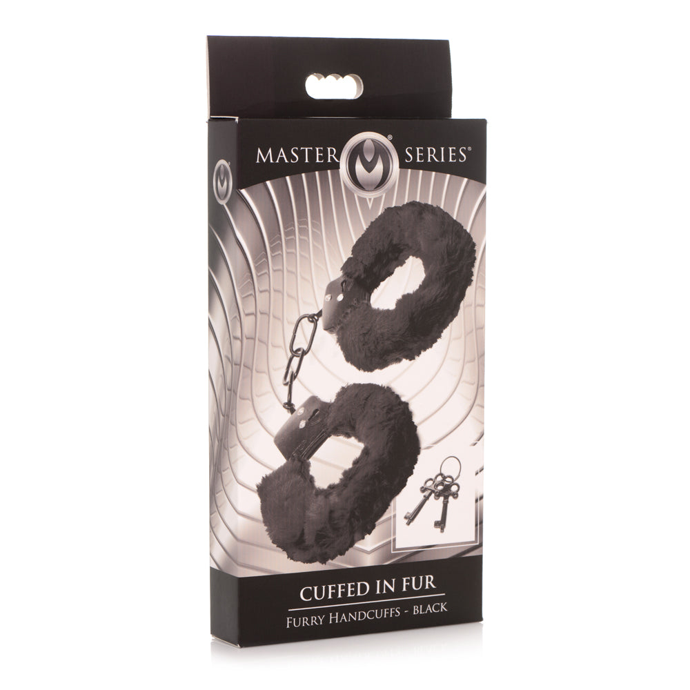 Master Series Cuffed In Fur Furry Handcuffs Black | 848518046864 | Discreet Personal Wellness