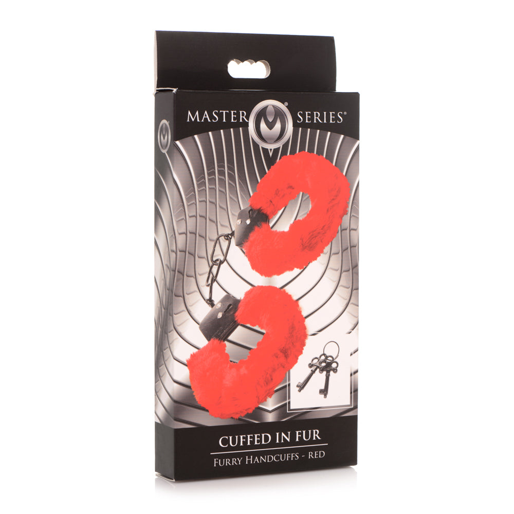 Master Series Cuffed In Fur Furry Handcuffs Red | 848518046871 | Discreet Personal Wellness
