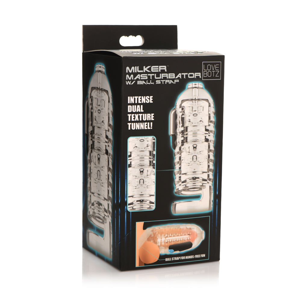Lovebotz Milker Tpe Masturbator W/ Ball Strap | 848518048516 | Discreet Personal Wellness