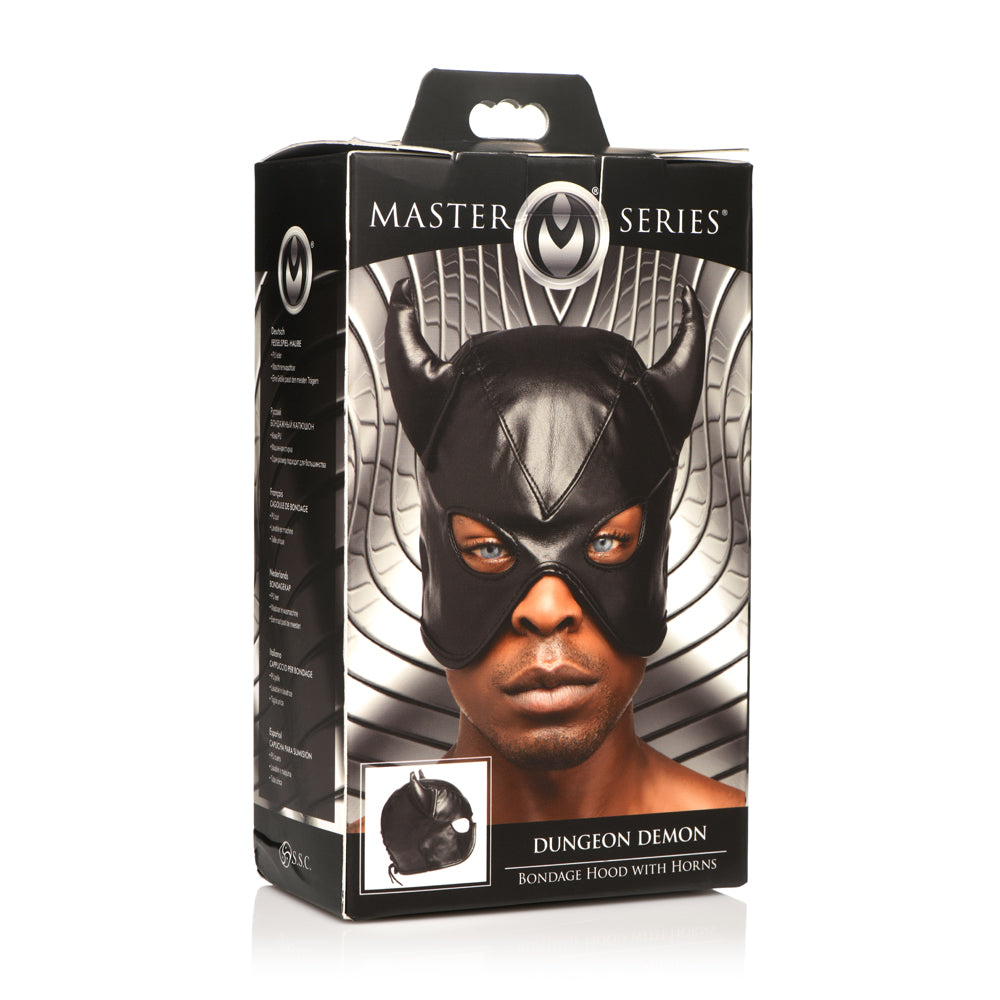 Master Series Dungeon Demon Bondage Hood With Horns | 848518048974 | Discreet Personal Wellness