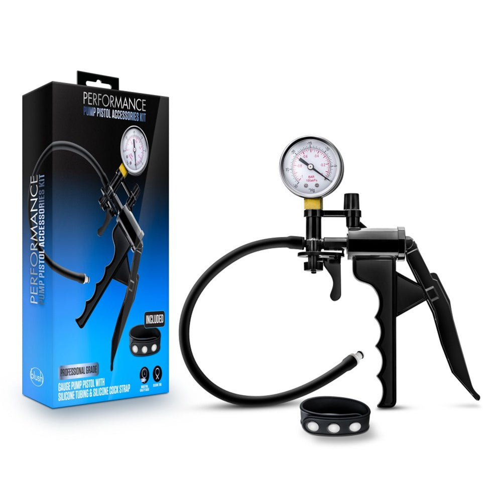 Performance Gauge Pump Pistol With Silicone Tubing & Silicone Penis Strap Black | 850002870060 | Discreet Personal Wellness