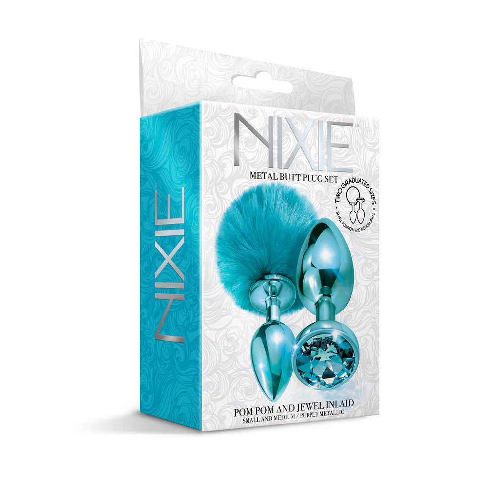 Nixie Metal Butt Plug Set Pom Pom And Jewel Inlaid Blue Metallic | 850010096797 | Discreet Personal Wellness