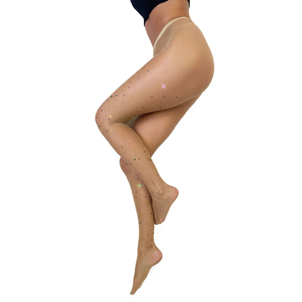 Tan Rhinestone Mardi Gras Tights Size D | 850066172223 | Discreet Personal Wellness