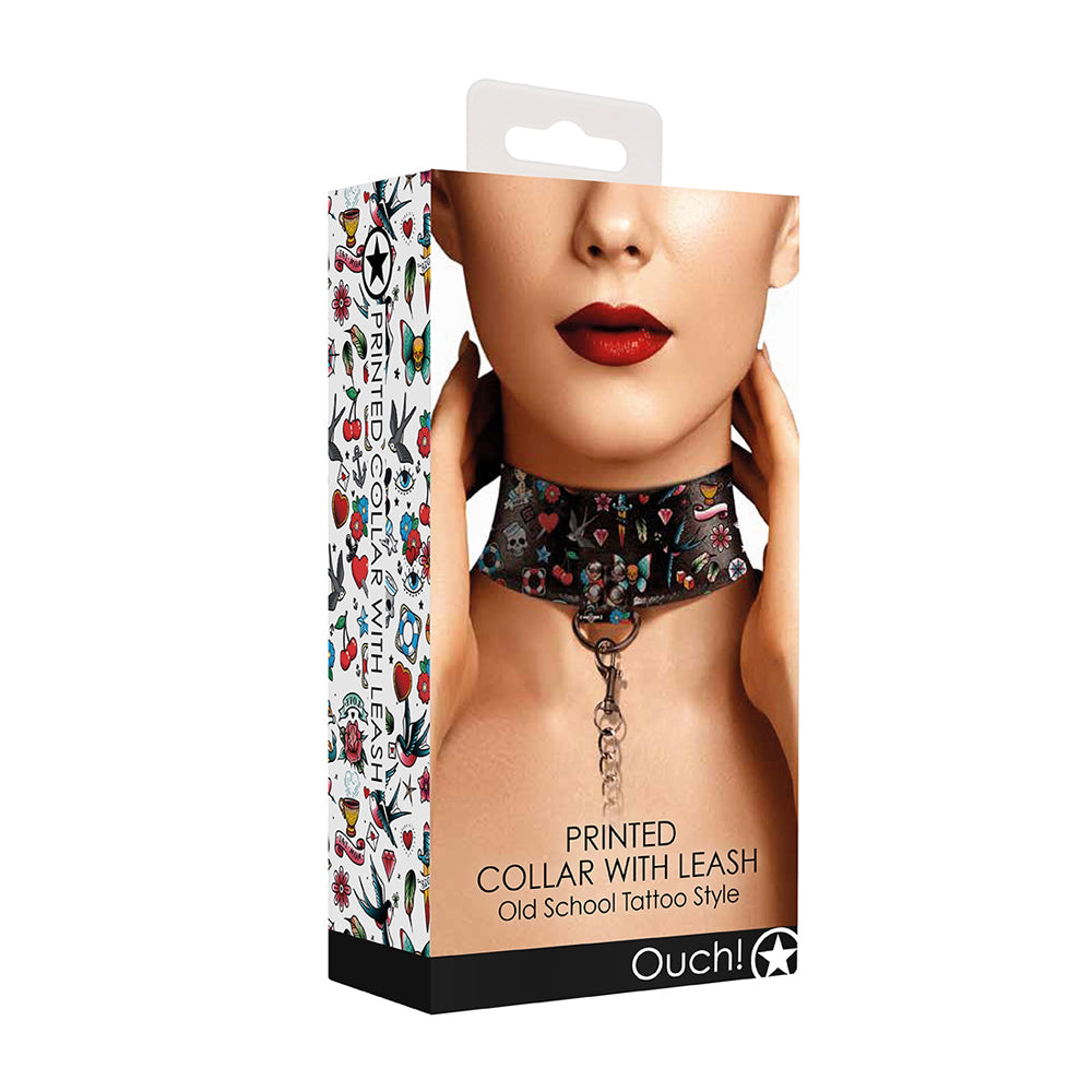 Ouch! Printed Collar With Leash Old School Tattoo Style Black | 8714273491688 | Discreet Personal Wellness