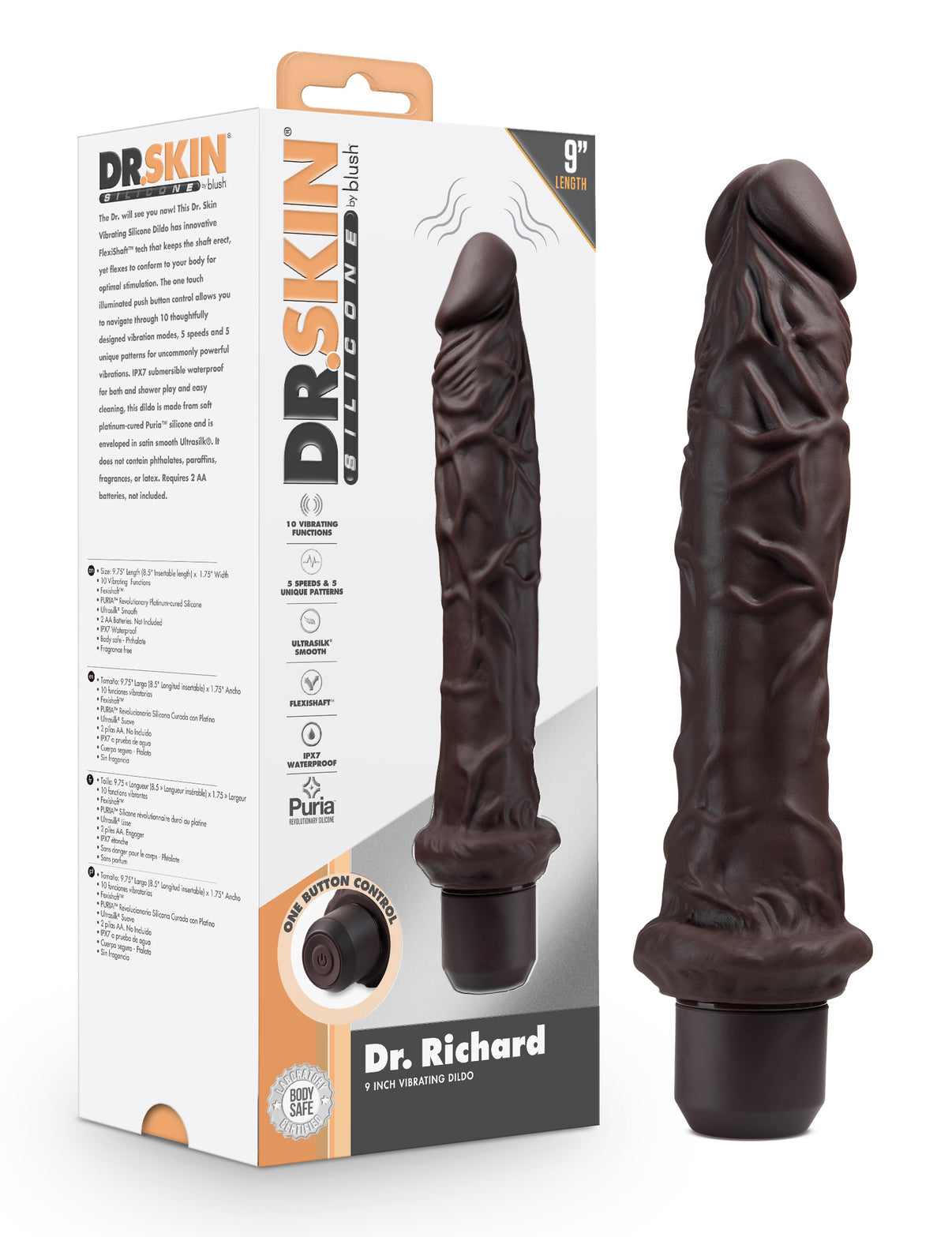 Dr. Skin Silicone - Dr. Richard - 9 Inch Vibrating Dildo - Brown | 819835029045 | Discreet Personal Wellness