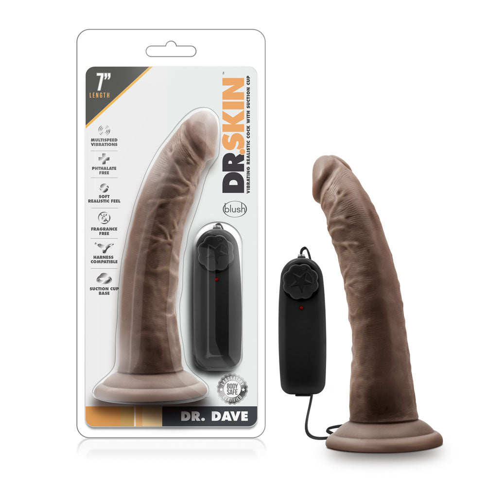 Dr. Skin - Dr. Dave - 7 Inch Vibrating Penis With Suction Cup - Chocolate | 819835021919 | Discreet Personal Wellness