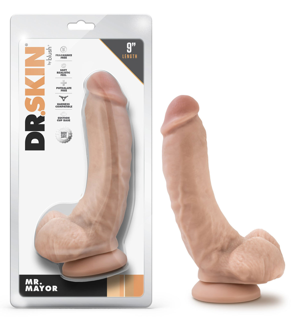 Dr. Skin - Mr. Mayor - 9 Inch Dildo With Balls - Beige | 819835029380 | Discreet Personal Wellness