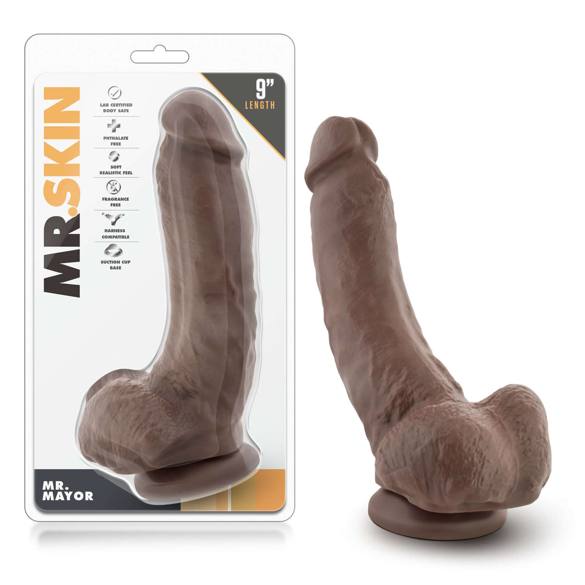 Dr. Skin - Mr. Mayor 9 Inch Dildo With Suction Cup - Chocolate | 855215007135 | Discreet Personal Wellness