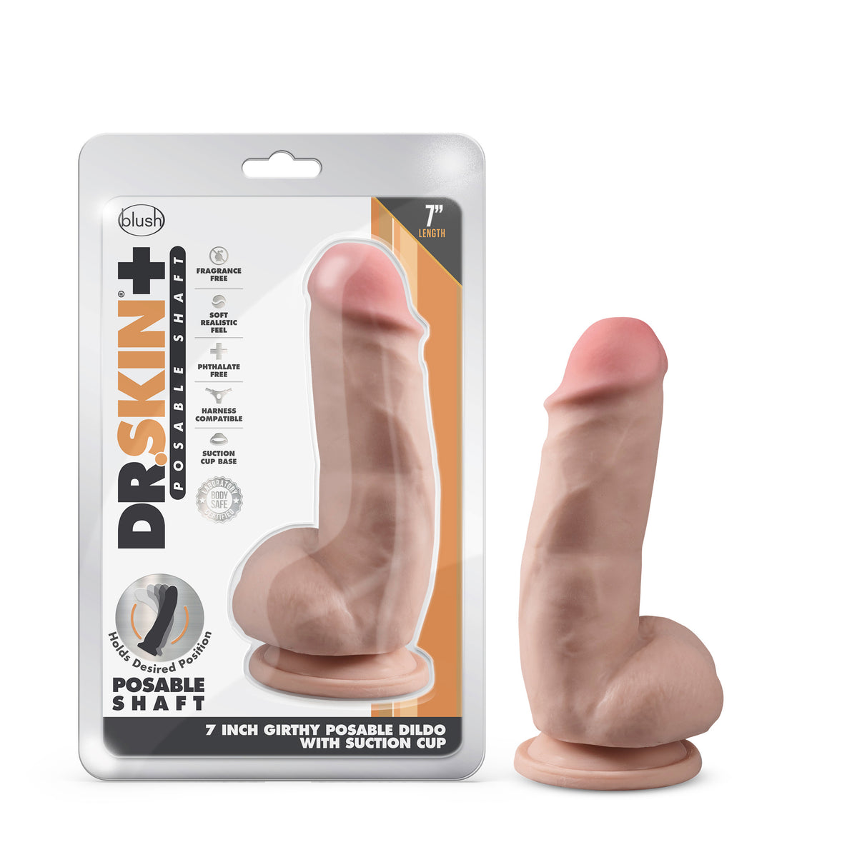 Dr. Skin Plus - 7 Inch Girthy Posable Dildo With Balls - Vanilla | 819835027720 | Discreet Personal Wellness