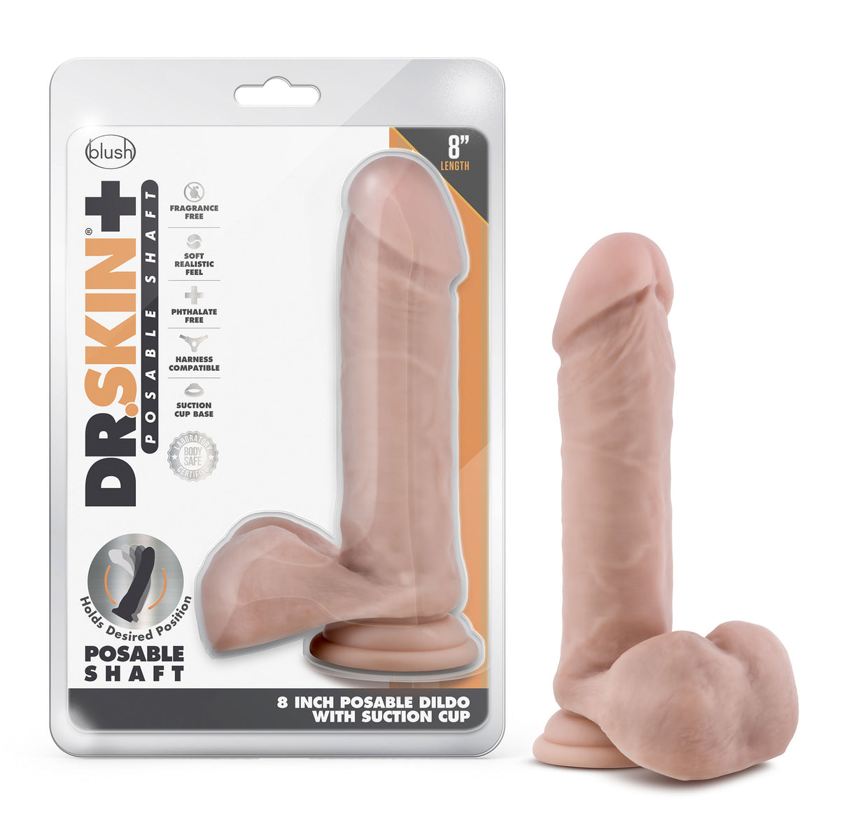 Dr. Skin Plus - 8 Inch Posable Dildo With Balls - Vanilla | 819835028185 | Discreet Personal Wellness