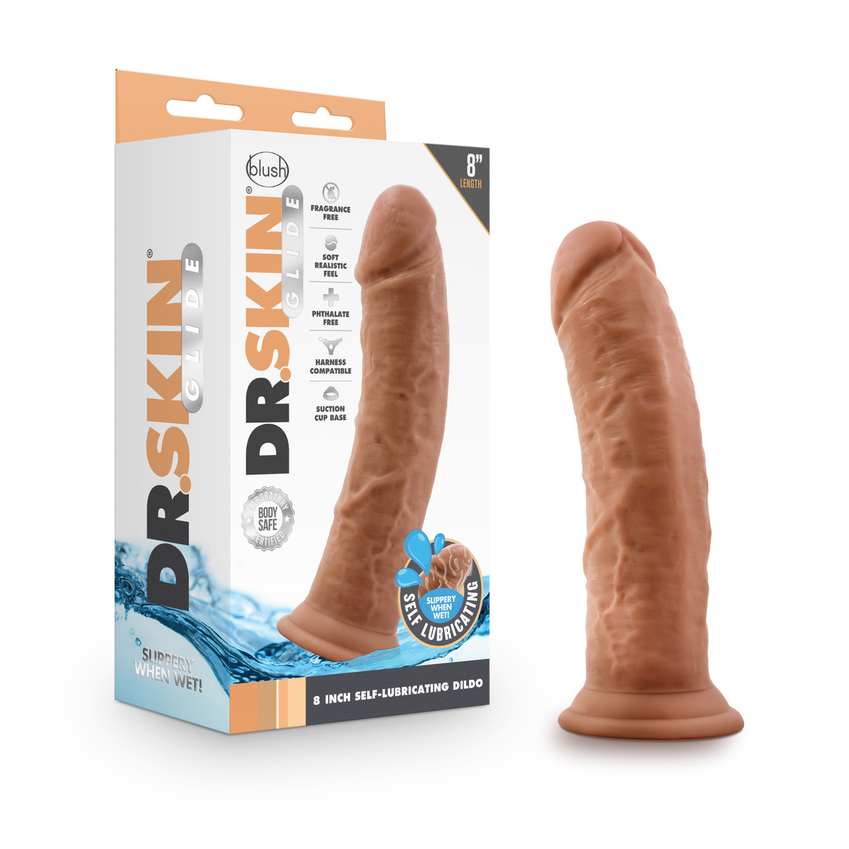Dr. Skin Glide 8 Inch Self Lubricating Dildo - - Mocha | 819835027973 | Discreet Personal Wellness