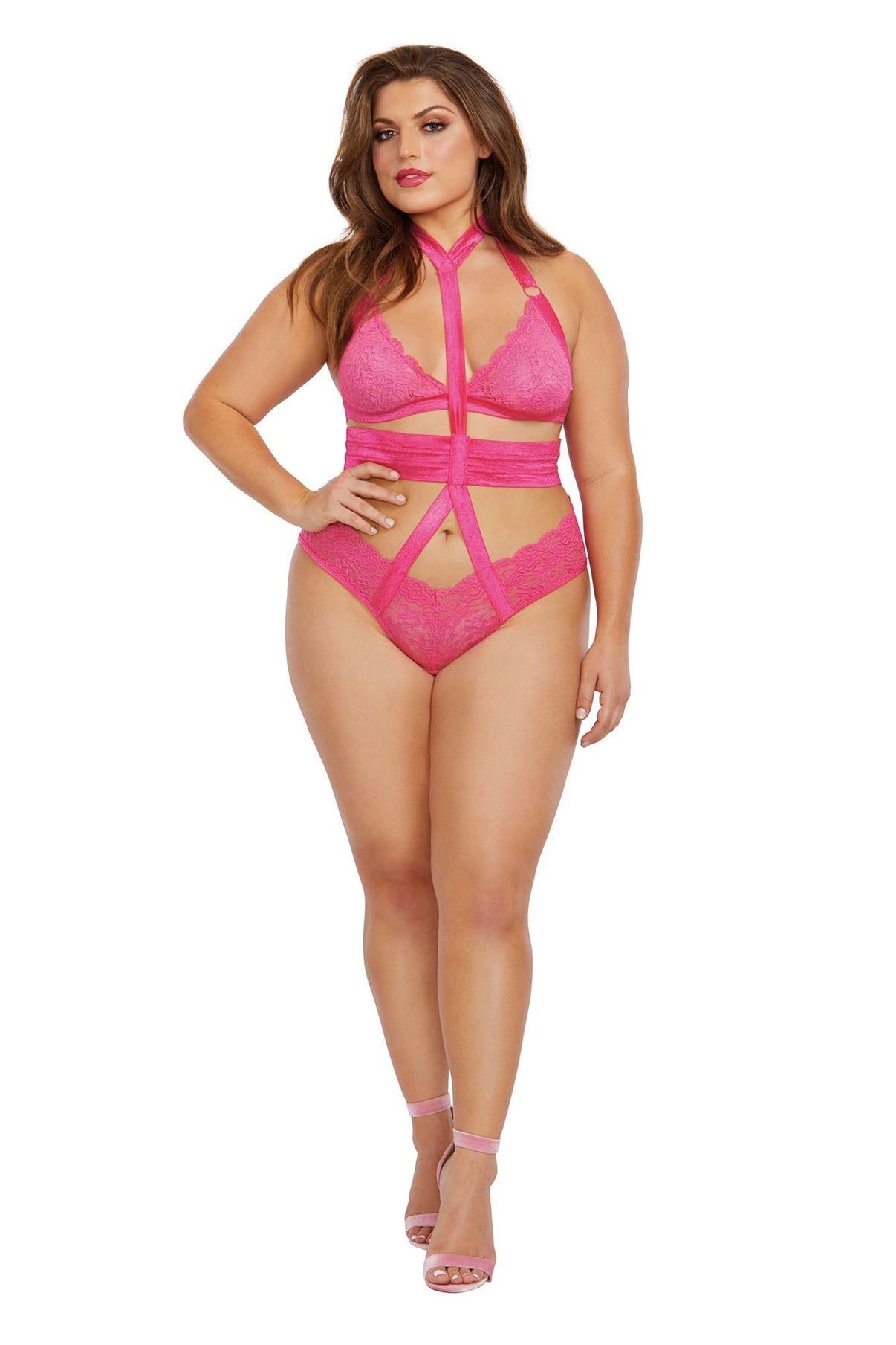 Bralette and Harness Panty - Queen Size - Fuchsia | 888368312726 | Discreet Personal Wellness