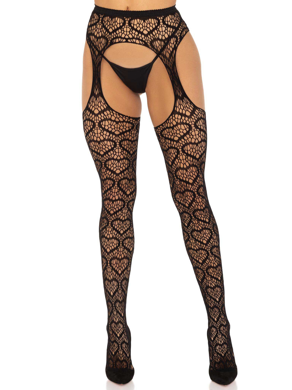 Heart Net Suspender Pantyhose - One Size - Black | 714718569840 | Discreet Personal Wellness
