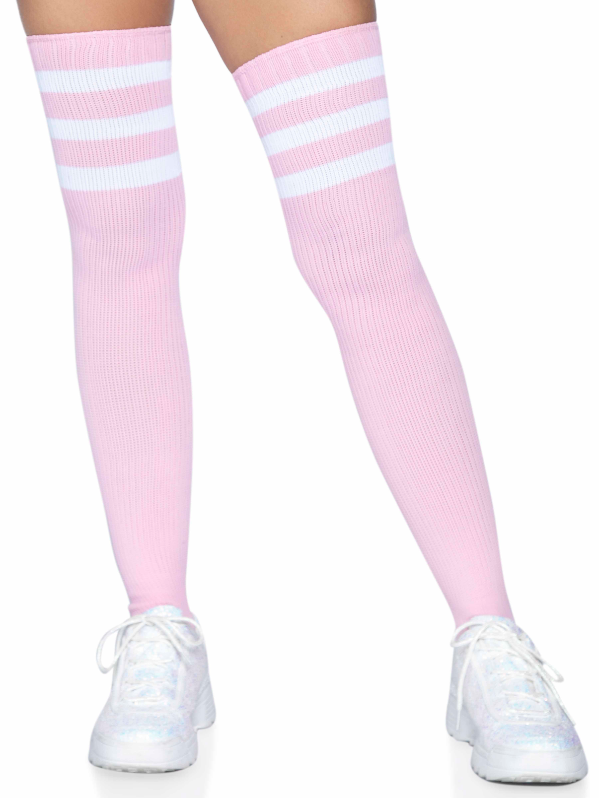3 Stripes Athletic Ribbed Thigh Highs - One Size - Light Pink | 714718390598 | Discreet Personal Wellness