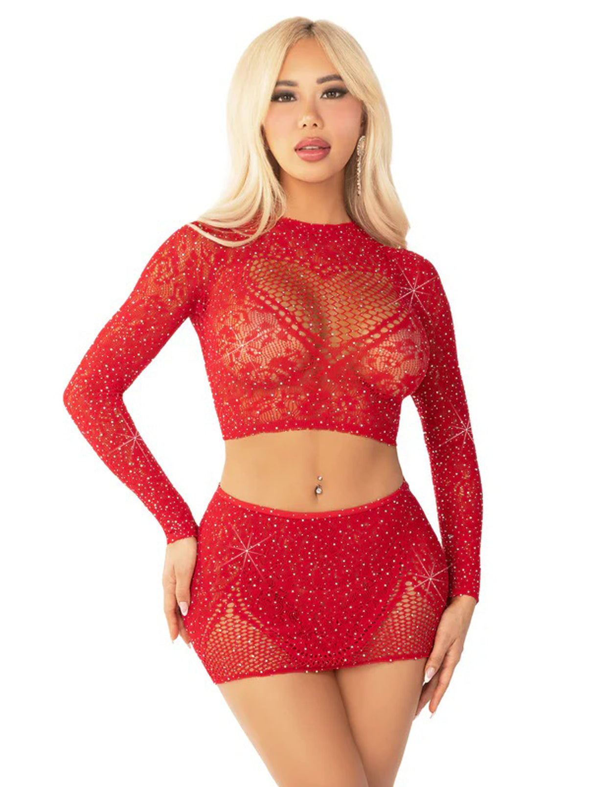 Red 2pc Rhinestone Lace and Net Crop Top with - Heart Keyhole Mini Skirt - Os | 714718573908 | Discreet Personal Wellness